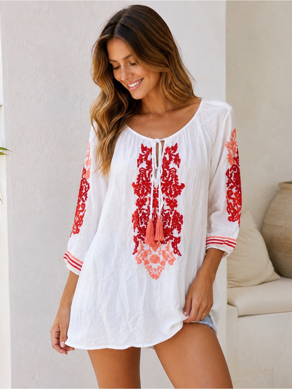 Solitaire Swim White Red Embroidered Tassel Beach Cover Up Tunic Size Small